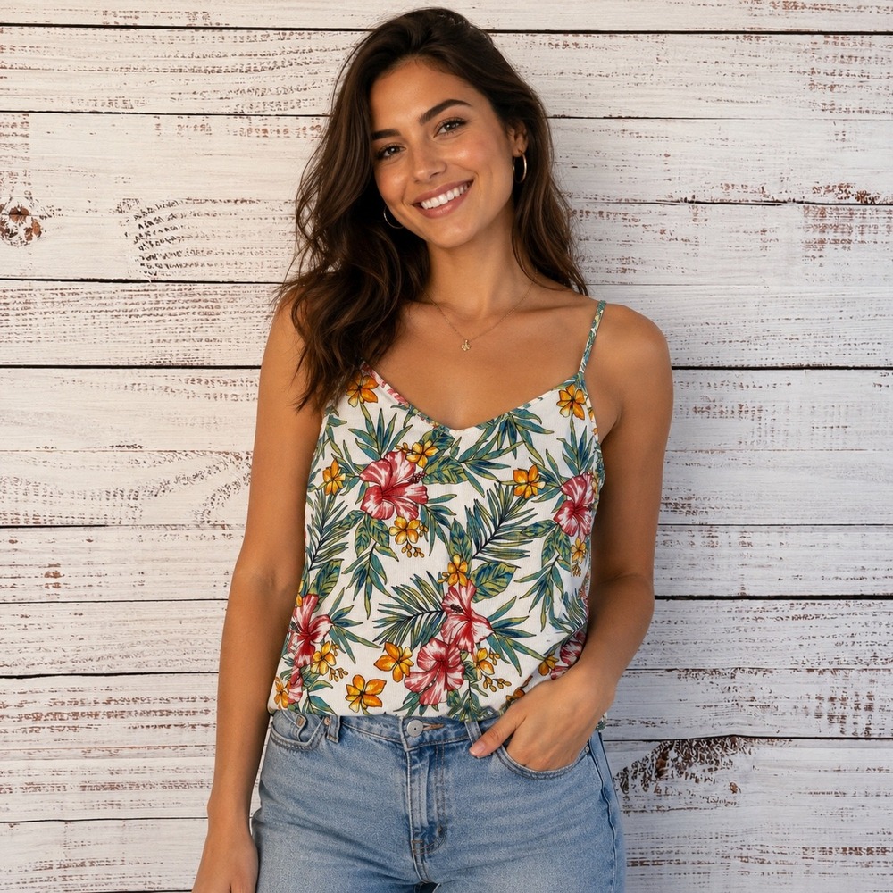 No Boundaries Womens Rib Cami Arctic White Tropical Floral Cinch Front Top 11-13